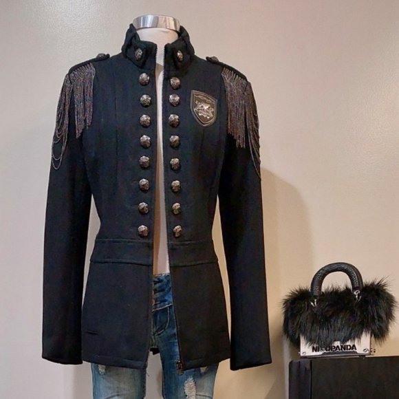 💥KILLER DESIGN💥Vintage Steampunk Chain Shoulder Military Wool Coat in Black - Picture 5 of 16